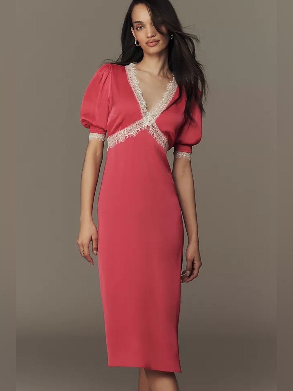 Anthropologie Romantic Barbiecore Satin Coral Pink Lace Trim Midi Dress NWT S